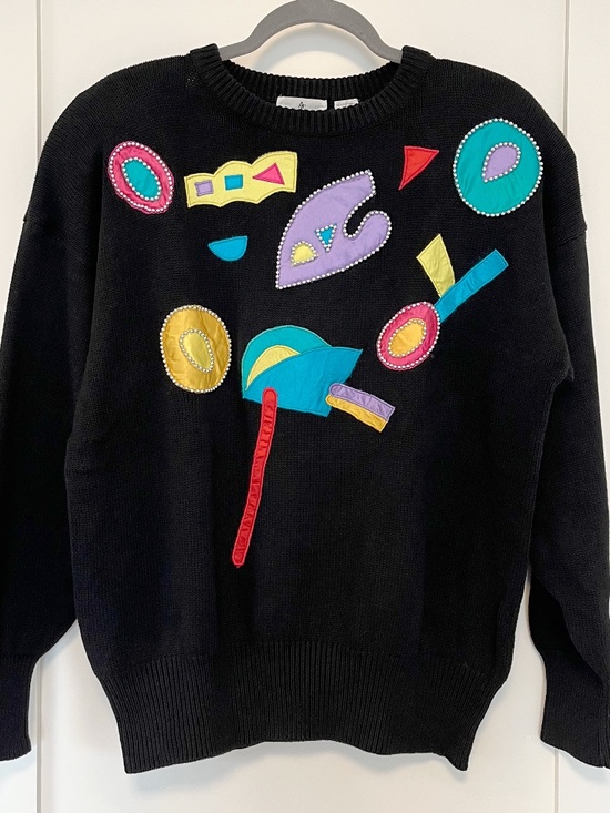 Andre Christian Black Vintage 80s Bold Fun Graphic Bead Embellished Sweater - Picture 7 of 7